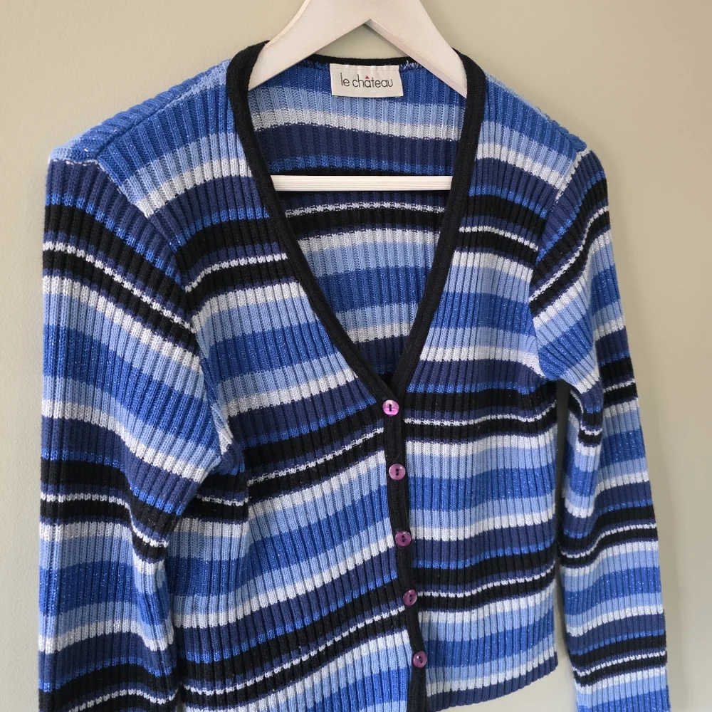 Le Chateau M Vintage Y2K Eclectic Coquette Striped Ribbed Knit Cardigan - Picture 6 of 12